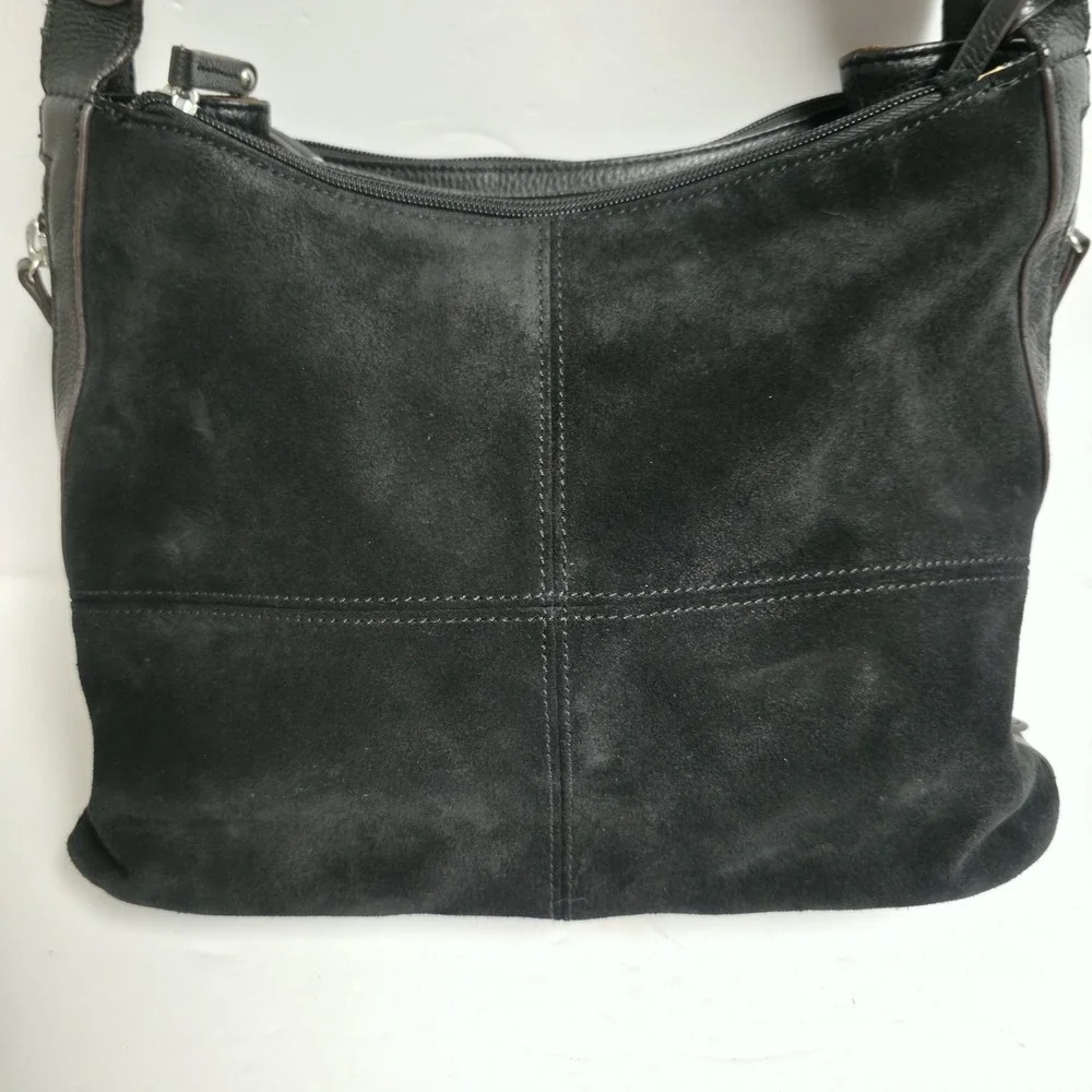 Tignanello Black Suede Leather Shoulder Bag Hobo Purse Panel Stitch Zip Top